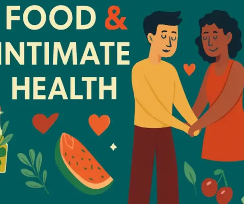 Illustrated Couple Holding Hands Surrounded By Libido-Boosting Foods: Salmon, Chili Pepper, Dark Chocolate, Watermelon, Olive Oil, Almonds, Cherries, Broccoli, And Greens On A Teal Background With Hearts – Perfect For Articles On Foods For Happy Intimate Life And Sexual Health In 2025.