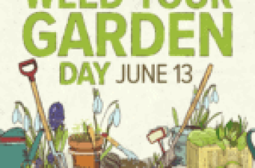 Illustration of gardening tools and plants with the text "National Weed Your Garden Day June 13."