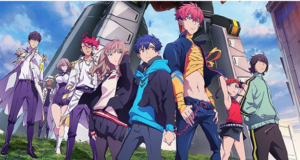 A group of animated characters from an anime series stand confidently in front of a towering robot, faces obscured by grey rectangles. #AnimeDao