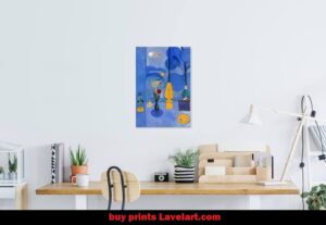 interior decoration : A modern workspace with a wooden desk against a white wall, featuring an organized array of items including a potted plant, books, a desk lamp, and decorative objects. A vibrant blue painting with abstract figures hangs on the wall above.