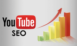 A graphic showing YouTube logo with ‘SEO’ text and an upward trending bar graph symbolizing growth in search engine optimization.
