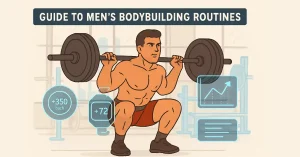 Dynamic illustration of a muscular man performing a compound lift in a modern gym, with 2025 tech overlays like wearables and progress charts—guide to men's bodybuilding routines.