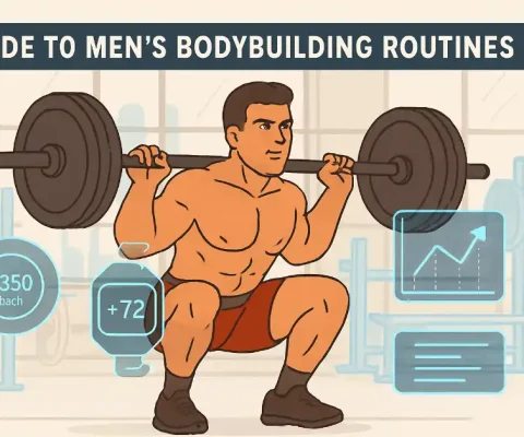 Dynamic Illustration Of A Muscular Man Performing A Compound Lift In A Modern Gym, With 2025 Tech Overlays Like Wearables And Progress Charts—Guide To Men'S Bodybuilding Routines.