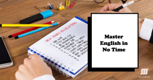 A desk setup with stationery and a tablet displaying ‘Master English in No Time’, symbolizing language learning.