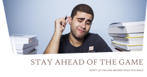 Stressed student with obscured face sitting at desk with large stack of books, emphasizing the importance of staying ahead in academics.