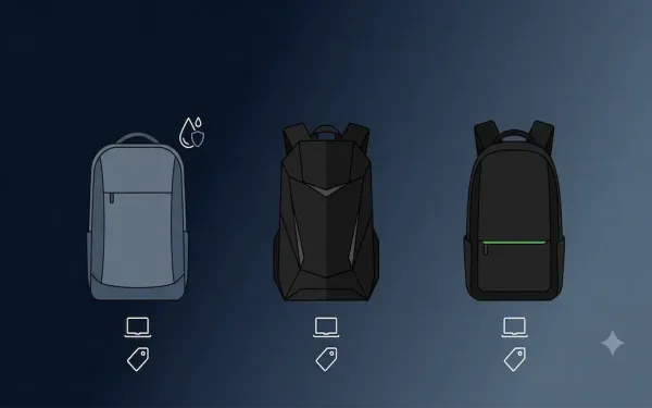 Three Gaming Backpack Silhouettes Compared Side By Side, A Sleek Grey And Blue Dell Backpack With A Rain Cover Shield Icon, An Angular Black Acer Predator Backpack, And A Minimalist Black Razer Backpack With A Green Accent, Each With A Price Tag Icon