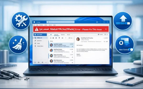 Screenshot Of Microsoft Outlook Showing Pii_Email_58A6A619Fc3Ea359Fade Error Code With 2026 Fix Steps Icons