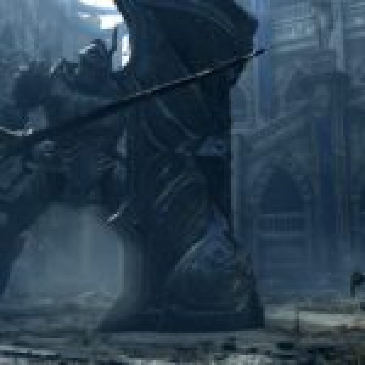 A dramatic video game scene featuring a colossal armored knight confronting a smaller armored knight in a dilapidated cathedral-like structure. #Best PS5 Games For Every Taste