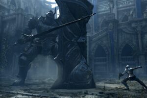 A dramatic video game scene featuring a colossal armored knight confronting a smaller armored knight in a dilapidated cathedral-like structure. #Best PS5 Games For Every Taste