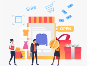 Illustration of an online shop sale featuring shoppers, floating dice indicating chance or luck in sales, and various icons representing gifts and carts. #juice wrld merch shop