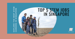 Three professionals exploring a field with a sapling representing one of the top five STEM jobs in Singapore.