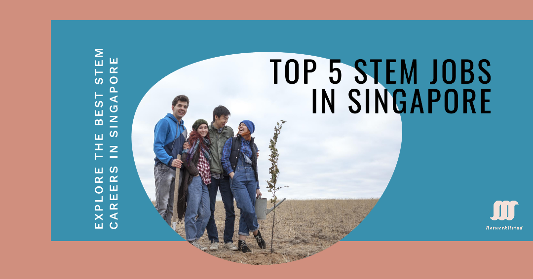 Three professionals exploring a field with a sapling representing one of the top five STEM jobs in Singapore.