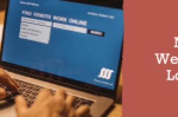 Laptop displaying ‘FIND REMOTE WORK ONLINE’ on screen with hands typing, beside ‘Mis Webmail Login’ text and logo