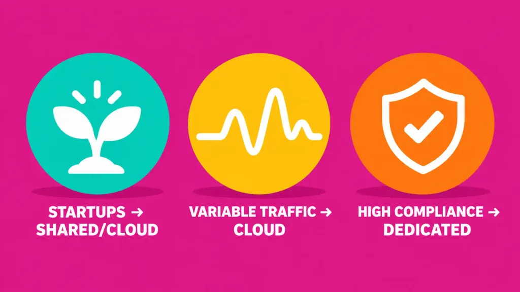 Top Reasons To Choose Dedicated Servers For Your Business Hosting 2 Illustration Of Three Labeled Badges Matching Business Types To Hosting Recommendations: Startups To Shared Or Cloud, Variable Traffic To Cloud, High Compliance Needs To Dedicated
