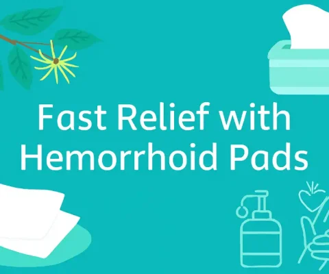 Fast Relief With Hemorrhoid Pads' Showing Witch Hazel Leaves, Medicated Wipes, And Gentle Care Icons Like Soap And Handwashing.