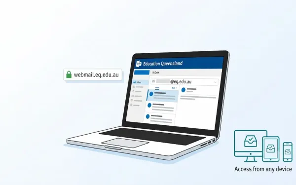 Laptop Showing An Education Queensland Microsoft Outlook-Style Inbox Screen At Webmail.eq.edu.au With An Eq.edu.au Email Address, Alongside Icons Showing Access From Desktop, Tablet, And Smartphone