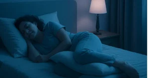 Neuropathic Symptoms and Sleep : A serene bedroom scene at night with a person comfortably sleeping on their side, pillows supporting legs to relieve neuropathic pain, soft blue lighting evoking calm and better rest for neuropathy sufferers.