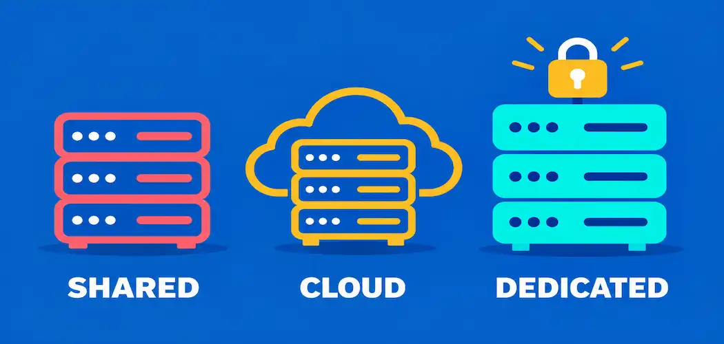 Top Reasons To Choose Dedicated Servers For Your Business Hosting 1 Illustration Of Three Labeled Server Icons Representing Shared, Cloud, And Dedicated Hosting, With The Dedicated Server Shown As Solid And Exclusive