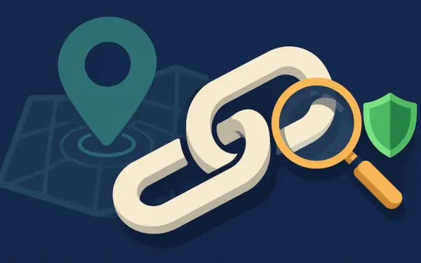Illustration Of A Coiled Link Shape Examined By A Magnifying Glass, With A Faint Location Pin Behind It And A Shield Representing Protection