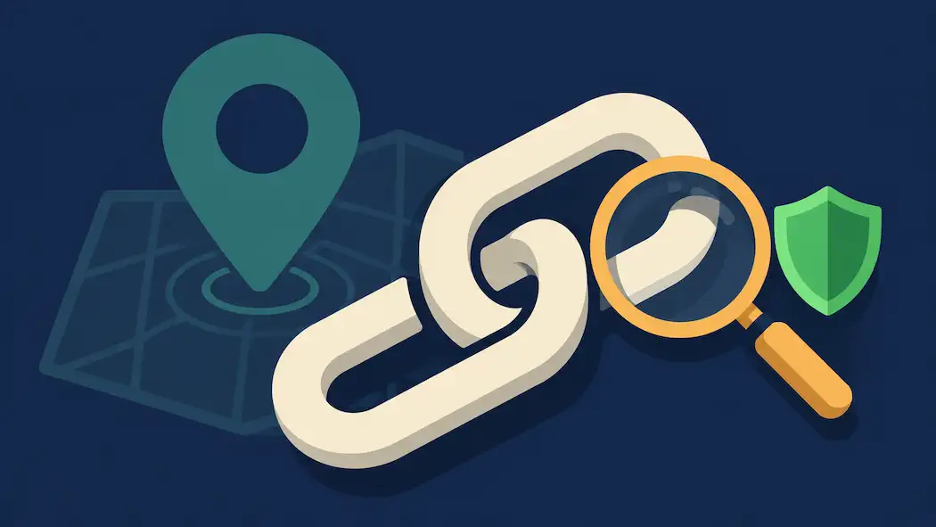 Illustration Of A Coiled Link Shape Examined By A Magnifying Glass, With A Faint Location Pin Behind It And A Shield Representing Protection