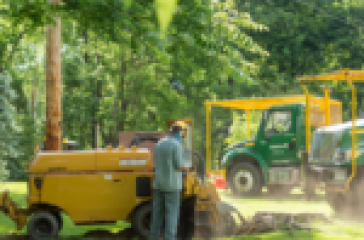 A worker using a yellow stump grinder to remove a tree stump in a grassy area, with two green trucks labeled "Davey" in the background.