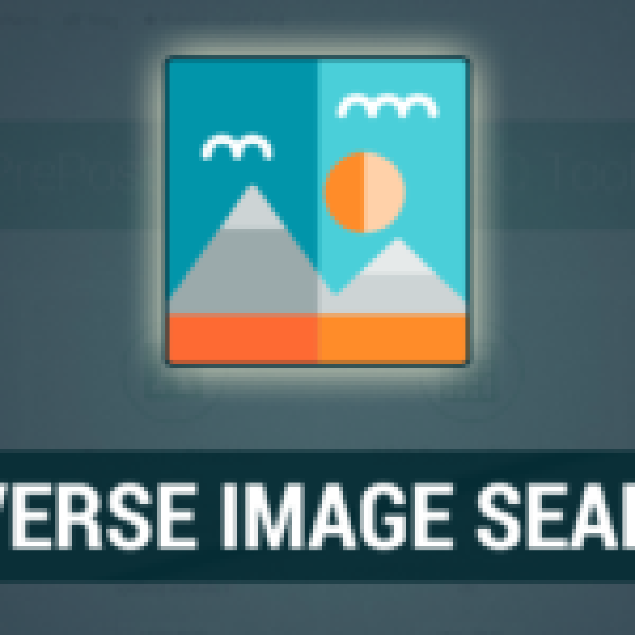 Illustration of reverse image search concept with a stylized landscape picture within a computer interface.