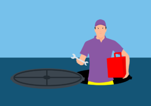 Illustration of a person with tools ready to service a septic tank.