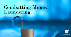 Illustration of money being cleansed through various technologies such as machine learning, blockchain, and biometrics, symbolizing the fight against money laundering.