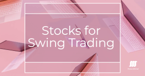 Image with the text "Stocks for Swing Trading" overlaid on a background of multiple laptops.