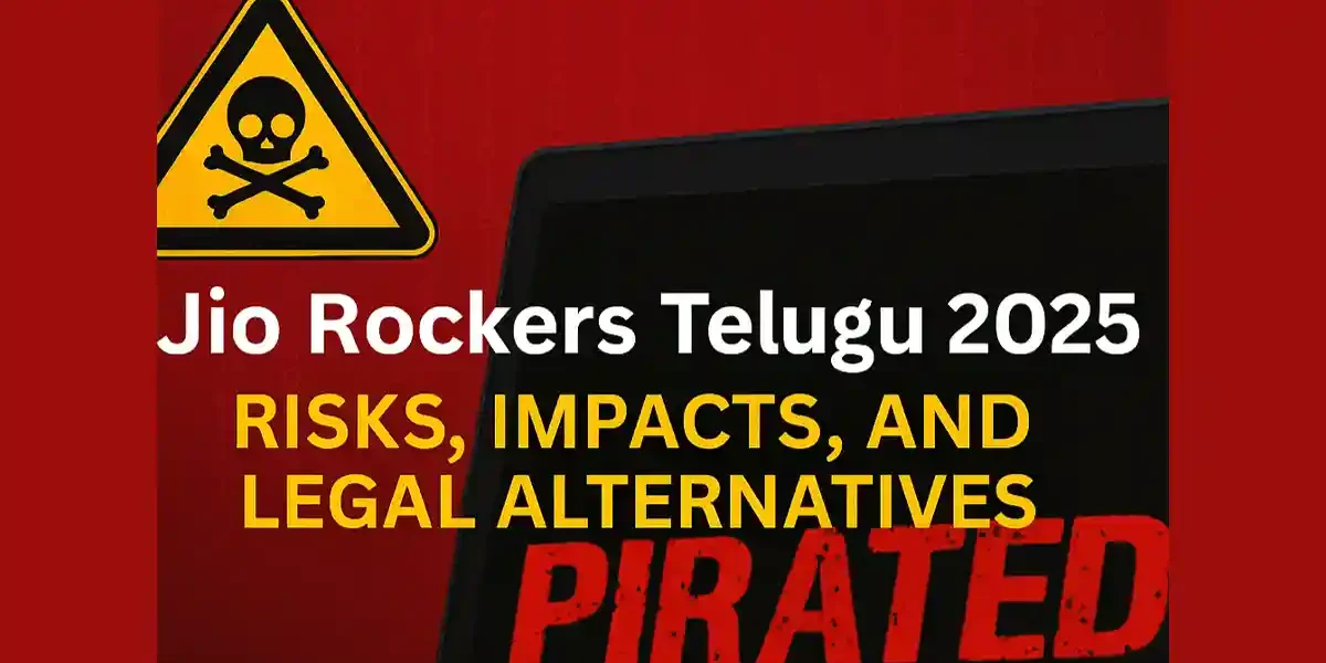Warning graphic highlighting risks of Jio Rockers Telugu piracy site in 2025 with skull symbol and laptop