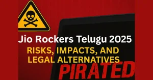 Warning graphic highlighting risks of Jio Rockers Telugu piracy site in 2025 with skull symbol and laptop