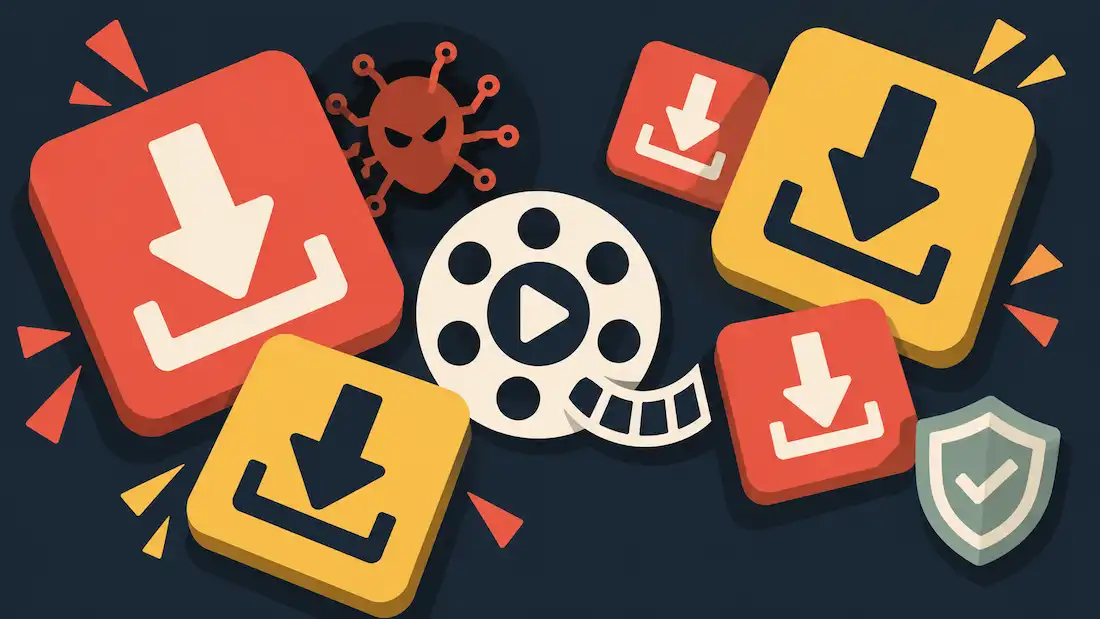 Desiremovies And Similar Piracy Sites: The Cybersecurity Risks Behind &Quot;Free&Quot; Downloads 1 Illustration Of A Small Play Button Surrounded By Oversized, Clashing Download Buttons And A Hidden Malware Icon, With A Shield Set Apart