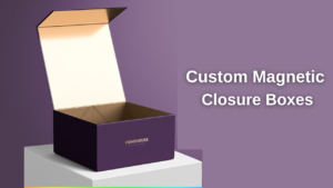 A 3D rendered open custom magnetic closure box in dark purple with ‘PRINTHOUSE’ branding on a pedestal.
