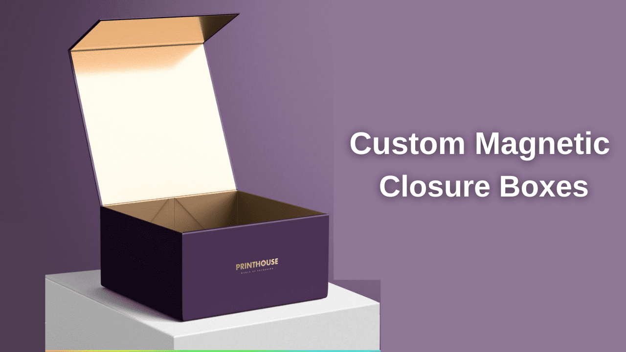 A 3D rendered open custom magnetic closure box in dark purple with ‘PRINTHOUSE’ branding on a pedestal.