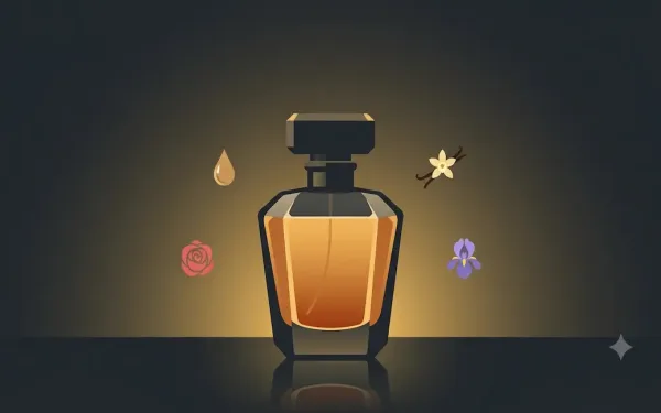 Elegant Faceted Perfume Bottle Silhouette With Amber Liquid, Surrounded By Simple Icons Representing Oud Resin, Rose, Vanilla, And Iris Ingredients, On A Dark Charcoal To Gold Gradient Background