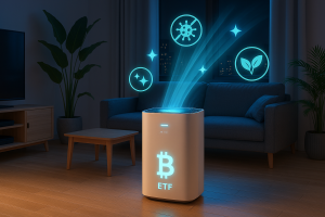 Modern air disinfectant machine in a sleek Singapore HDB living room, emitting soft blue light with HEPA and UV indicators, surrounded by clean air icons and tropical plants for 2025 indoor wellness.
