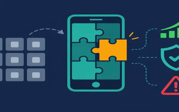 Flat Illustration Of A Smartphone Assembled From Tailored Building Blocks Beside A Grid Of Identical Generic App Tiles, With Growth And Security Icons