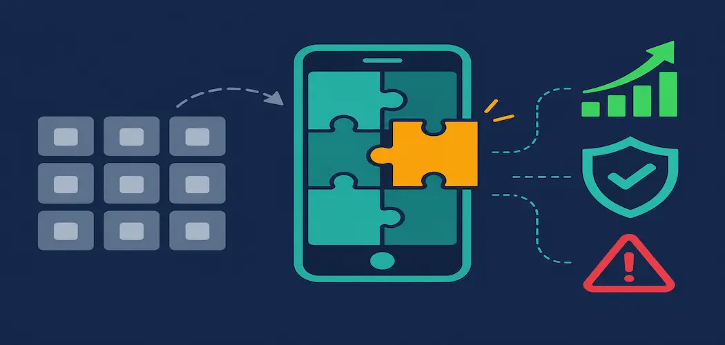 6 Benefits Of Custom Mobile Application Development (And When It Isn'T Worth It) 1 Flat Illustration Of A Smartphone Assembled From Tailored Building Blocks Beside A Grid Of Identical Generic App Tiles, With Growth And Security Icons