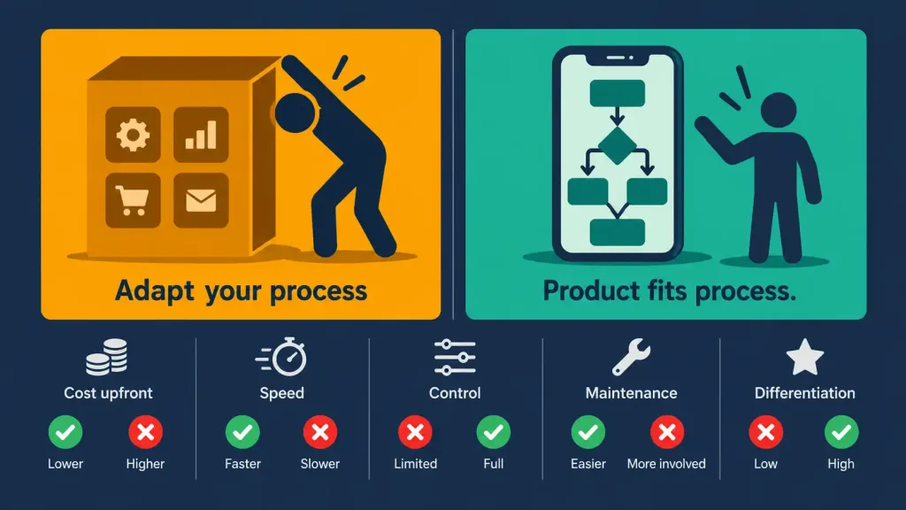 6 Benefits Of Custom Mobile Application Development (And When It Isn'T Worth It) 2 Two-Panel Comparison Of Off-The-Shelf Apps That Force Users To Adapt Versus Custom Apps Built Around The Workflow
