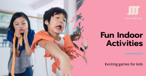Two children playing an indoor game with colorful fabric strips, promoting fun indoor activities for kids.