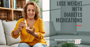 Person examining a pill for diabetes management and weight loss, with informative text about using diabetes medications to lose weight.