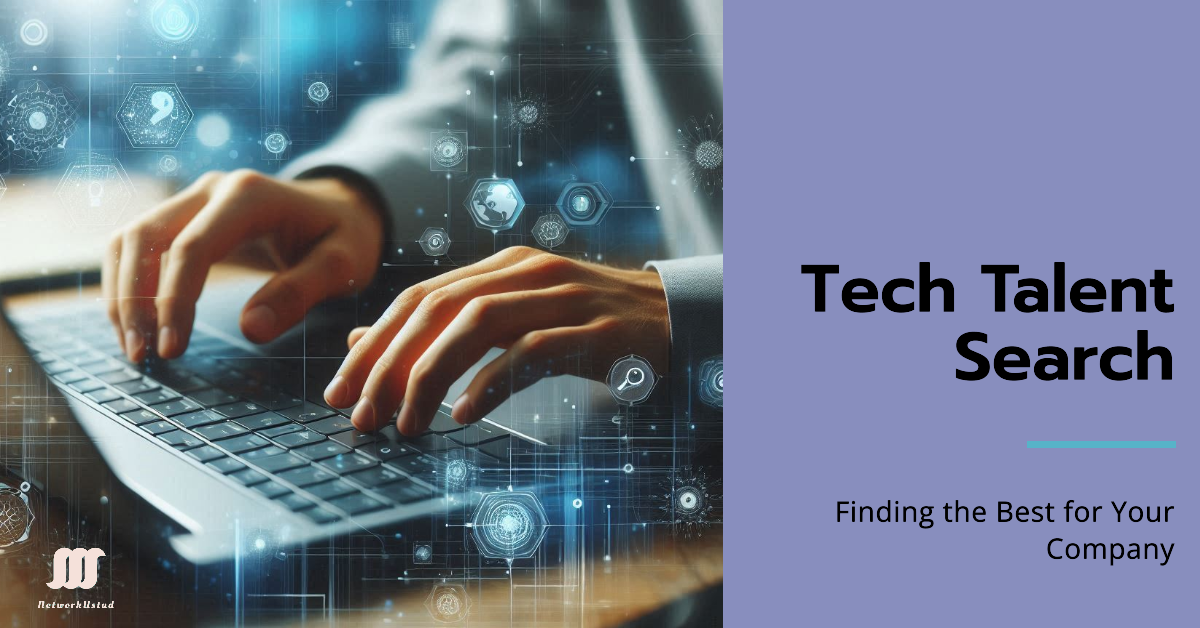 Hands typing on a laptop with digital tech icons floating above, symbolising the search for technology talent.