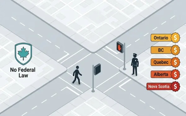 Illustrated Urban Intersection In Canada Showing A Pedestrian Crossing Outside A Marked Crosswalk With A Red Pedestrian Signal, A Police Officer Nearby, Province Fine Badges, And A Canadian Maple Leaf Shield Labeled No Federal Law