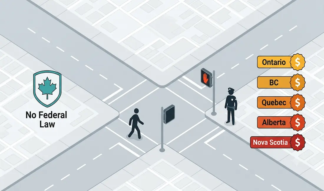 Can You Go To Jail For Jaywalking In Canada? 1 Illustrated Urban Intersection In Canada Showing A Pedestrian Crossing Outside A Marked Crosswalk With A Red Pedestrian Signal, A Police Officer Nearby, Province Fine Badges, And A Canadian Maple Leaf Shield Labeled No Federal Law
