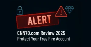 Warning sign with Free Fire diamonds and cnn70.com logo indicating scam alert