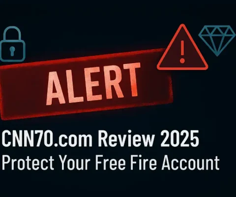 Warning Sign With Free Fire Diamonds And Cnn70.Com Logo Indicating Scam Alert