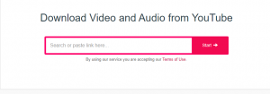 A screenshot of a web service interface for downloading video and audio from YouTube, featuring a prominent search bar with the placeholder text ‘Search or paste link here…’ and a pink ‘Start’ button. #y2mate