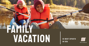 Two people kayaking on a calm river, wearing orange life jackets and beanies, enjoying a family vacation.