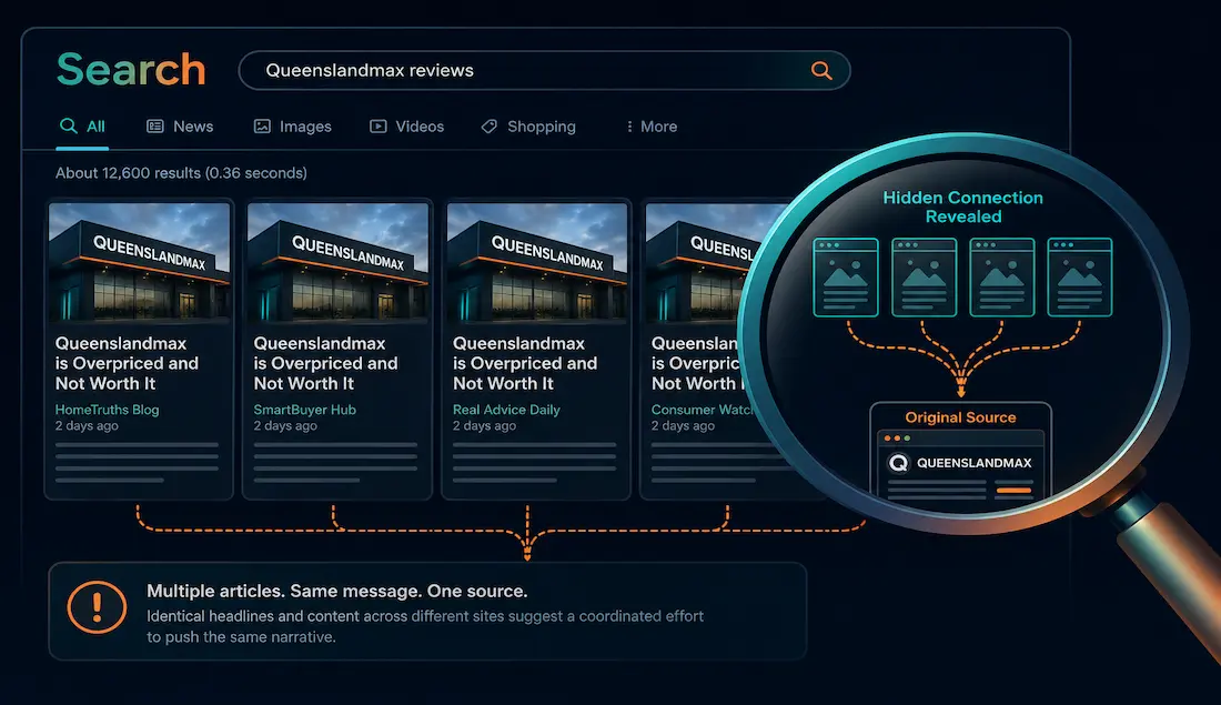 Queenslandmax Review: Is It Legit, A Scam, Or Something In Between? 1 A Search Results Page Showing Nearly Identical Review Articles Connected By Hidden Threads To One Source