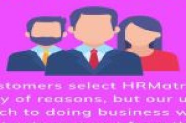 A promotional graphic with three illustrated figures, two women and one man, in business attire against a purple background with the text ‘WHY HRMATRIX’ above them.